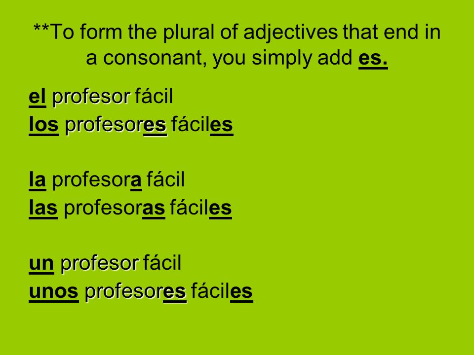 **To form the plural of adjectives that end in a consonant, you simply add es.