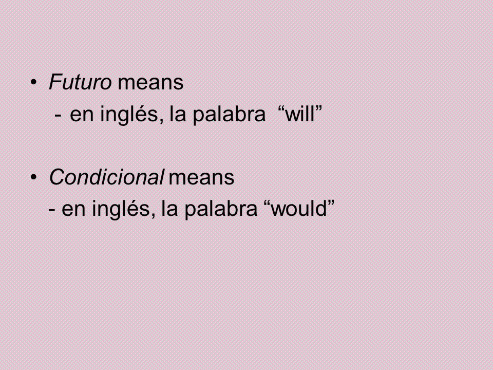 Futuro means en inglés, la palabra will Condicional means - en inglés, la palabra would