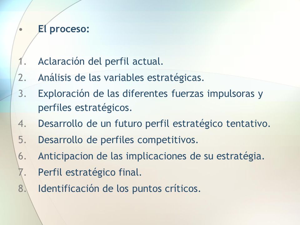 El proceso: Aclaración del perfil actual. Análisis de las variables estratégicas.
