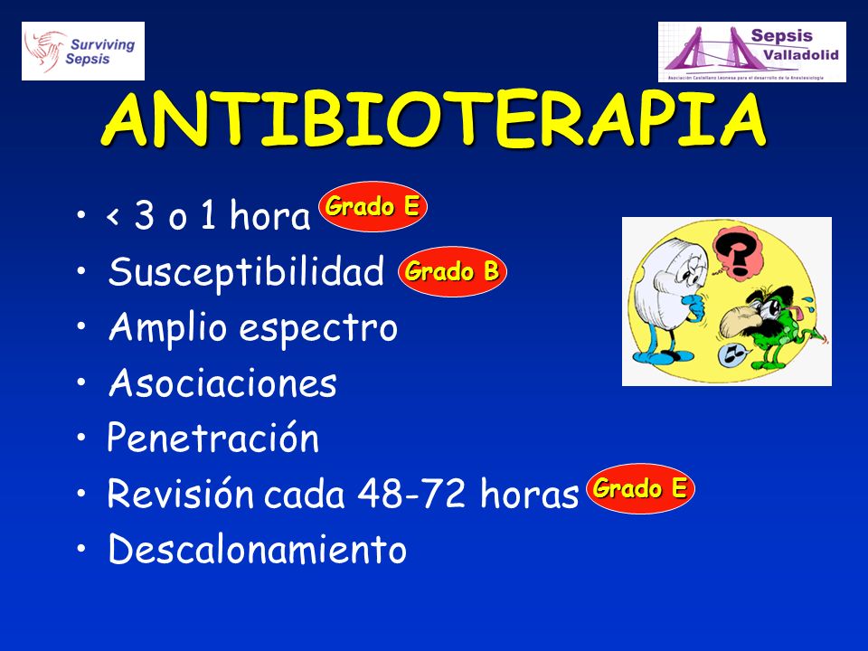 ANTIBIOTERAPIA < 3 o 1 hora Susceptibilidad Amplio espectro
