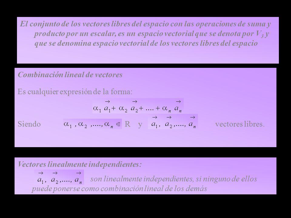 El conjunto de los vectores libres del espacio con las operaciones de suma y producto por un escalar, es un espacio vectorial que se denota por V3 y que se denomina espacio vectorial de los vectores libres del espacio