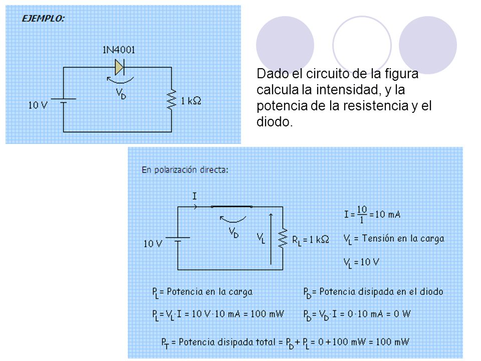 Dado el circuito de la figura calcula la intensidad, y la potencia de la resistencia y el diodo.