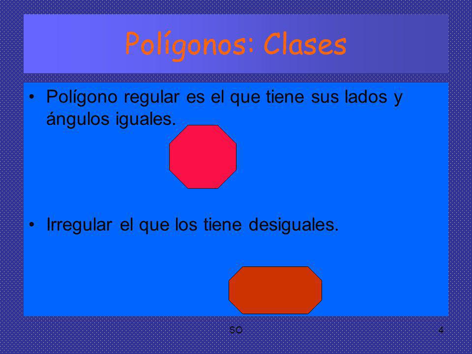 Polígonos: Clases Polígono regular es el que tiene sus lados y ángulos iguales. Irregular el que los tiene desiguales.
