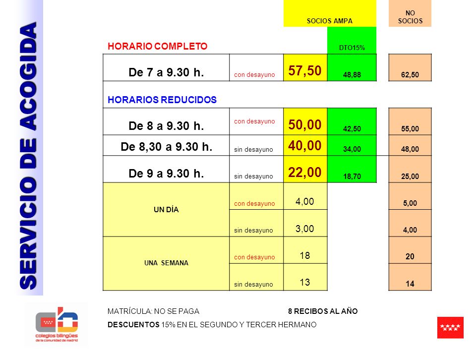 SERVICIO DE ACOGIDA 57,50 50,00 40,00 22,00 De 7 a 9.30 h.