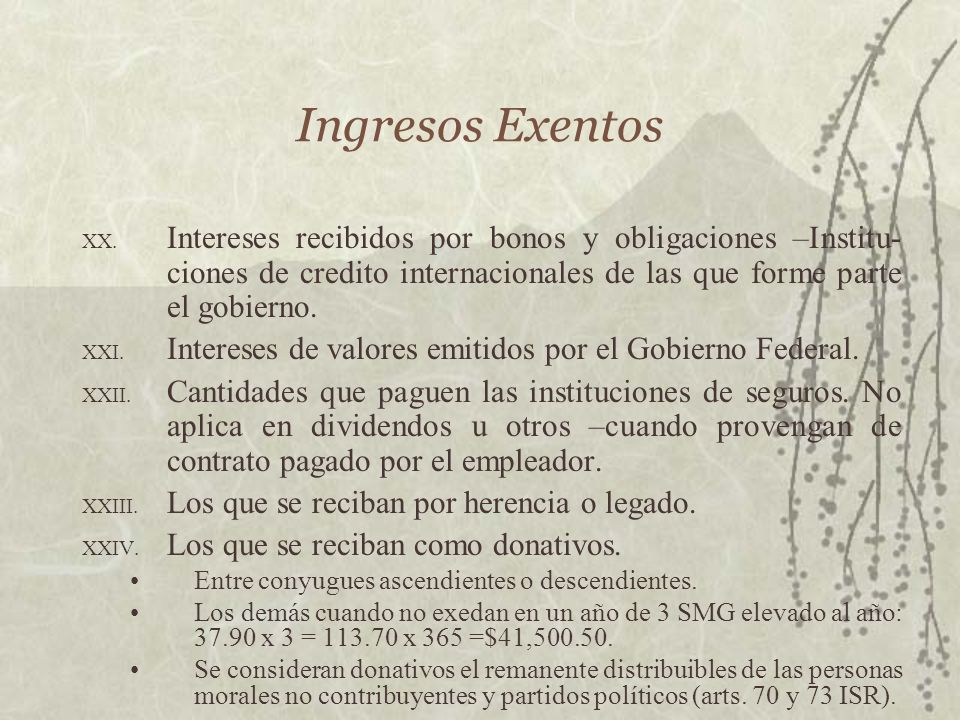 Ingresos Exentos Intereses recibidos por bonos y obligaciones –Institu-ciones de credito internacionales de las que forme parte el gobierno.