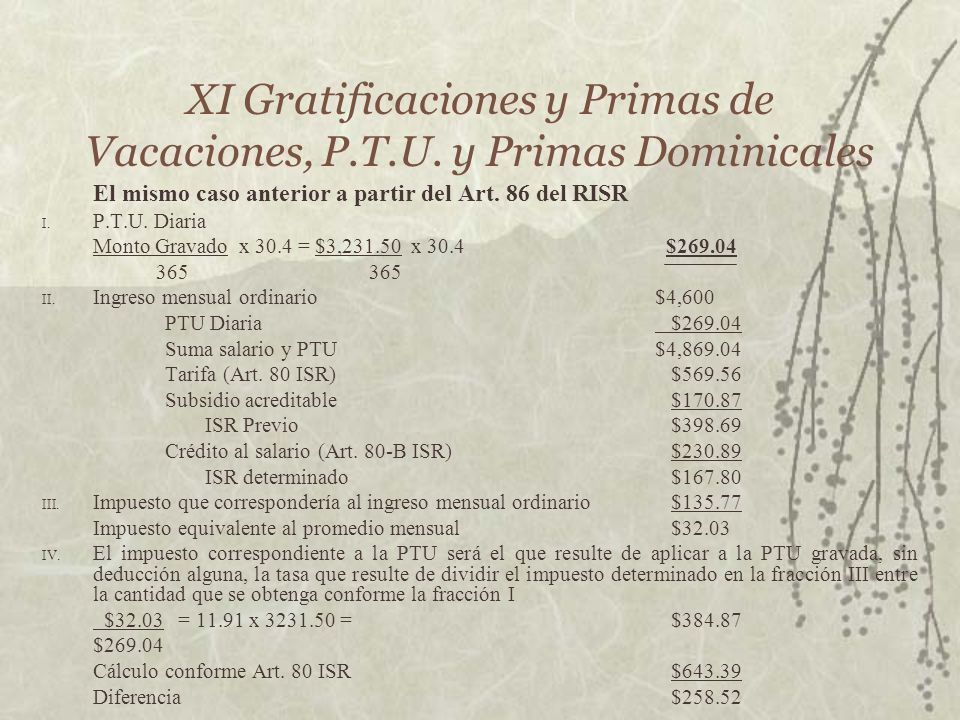 XI Gratificaciones y Primas de Vacaciones, P.T.U. y Primas Dominicales