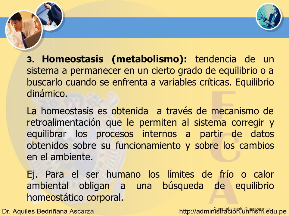 3. Homeostasis (metabolismo): tendencia de un sistema a permanecer en un cierto grado de equilibrio o a buscarlo cuando se enfrenta a variables críticas. Equilibrio dinámico.
