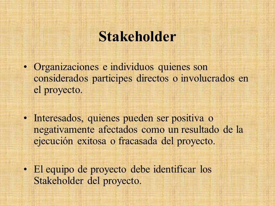 Stakeholder Organizaciones e individuos quienes son considerados participes directos o involucrados en el proyecto.