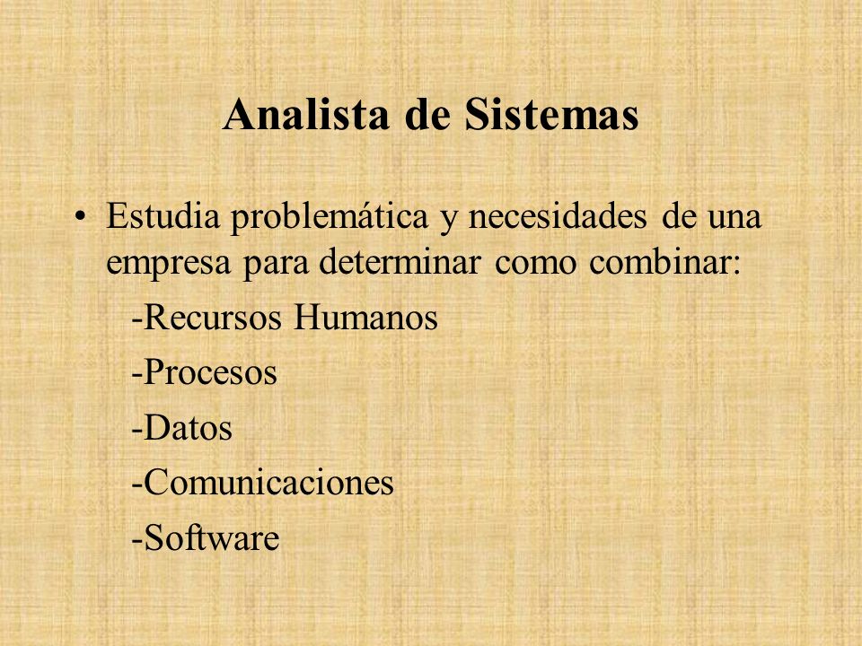 Analista de Sistemas Estudia problemática y necesidades de una empresa para determinar como combinar: