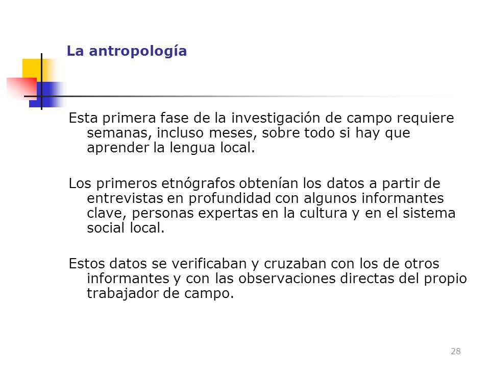La antropología Esta primera fase de la investigación de campo requiere semanas, incluso meses, sobre todo si hay que aprender la lengua local.