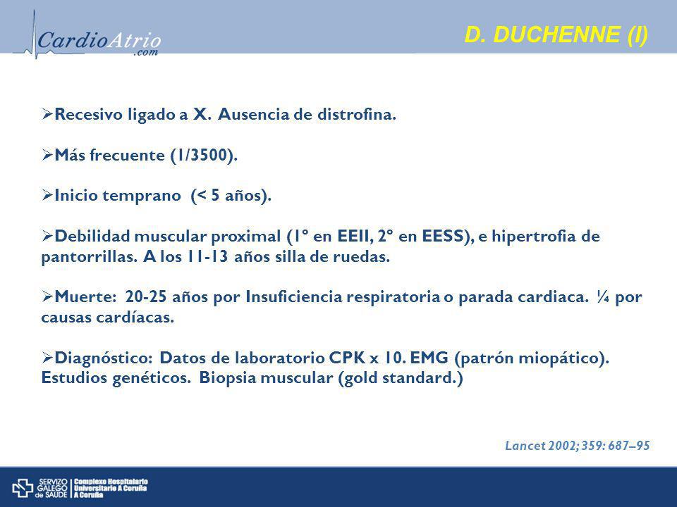 D. DUCHENNE (I) Recesivo ligado a X. Ausencia de distrofina.