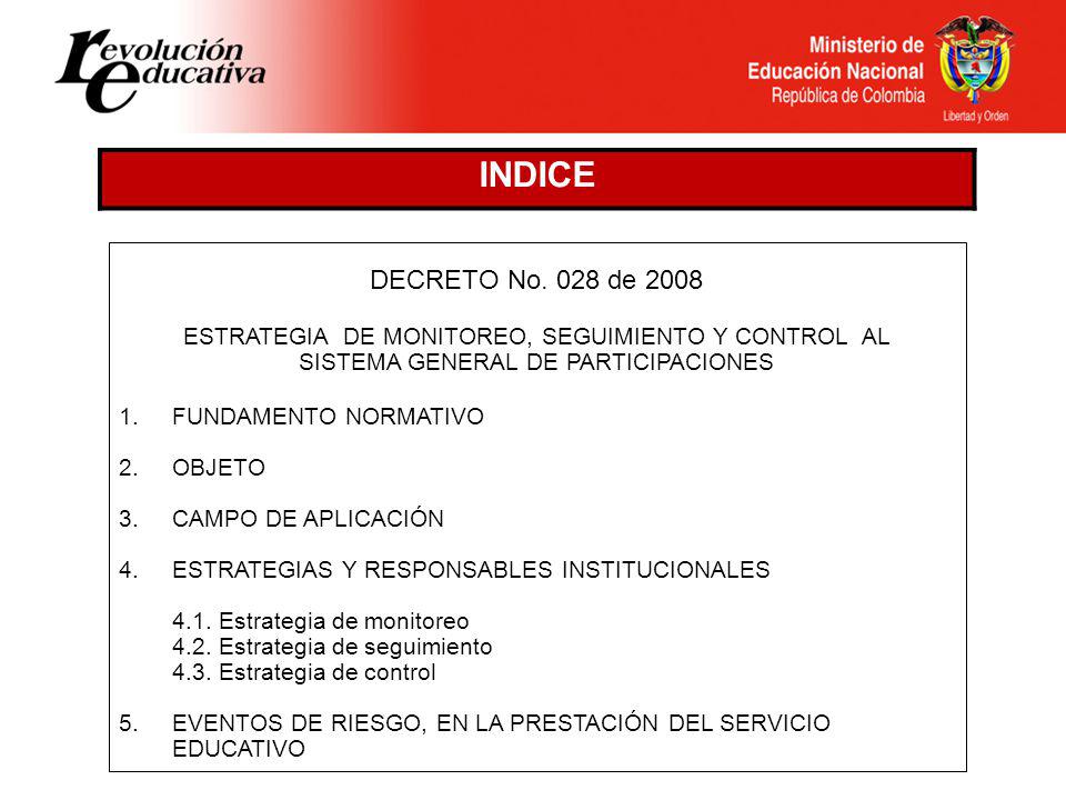 INDICE DECRETO No. 028 de ESTRATEGIA DE MONITOREO, SEGUIMIENTO Y CONTROL AL. SISTEMA GENERAL DE PARTICIPACIONES.