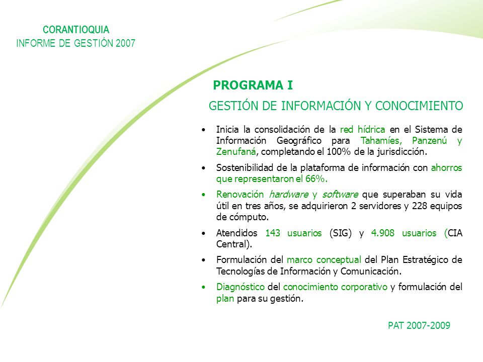 PROGRAMA I GESTIÓN DE INFORMACIÓN Y CONOCIMIENTO CORANTIOQUIA