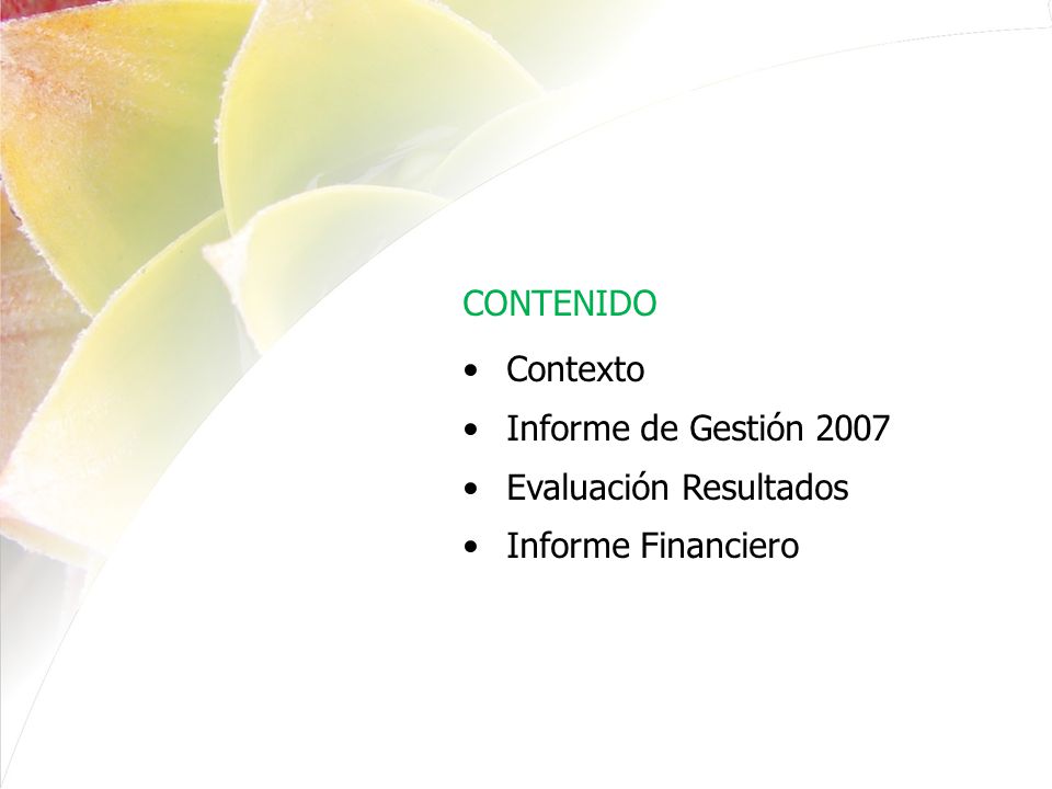 Contexto Informe de Gestión 2007 Evaluación Resultados Informe Financiero CONTENIDO