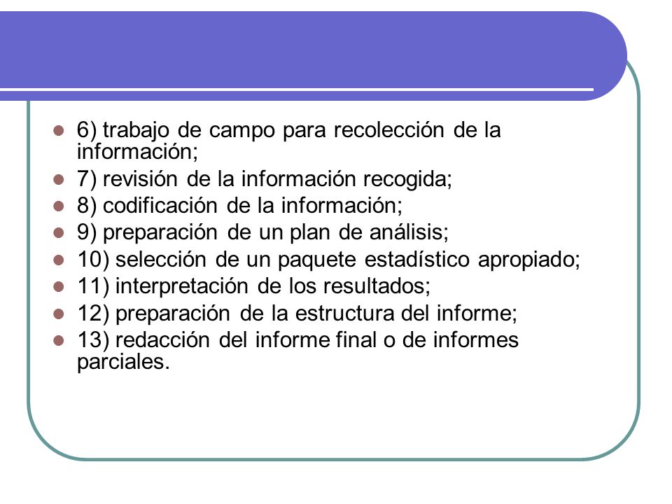 6) trabajo de campo para recolección de la información;