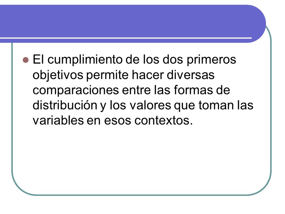 El cumplimiento de los dos primeros objetivos permite hacer diversas comparaciones entre las formas de distribución y los valores que toman las variables en esos contextos.