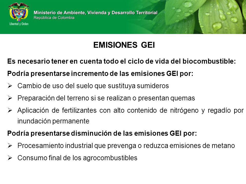 EMISIONES GEI Es necesario tener en cuenta todo el ciclo de vida del biocombustible: Podría presentarse incremento de las emisiones GEI por: