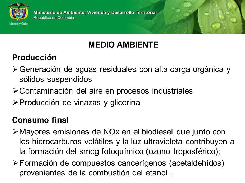 MEDIO AMBIENTE Producción. Generación de aguas residuales con alta carga orgánica y sólidos suspendidos.