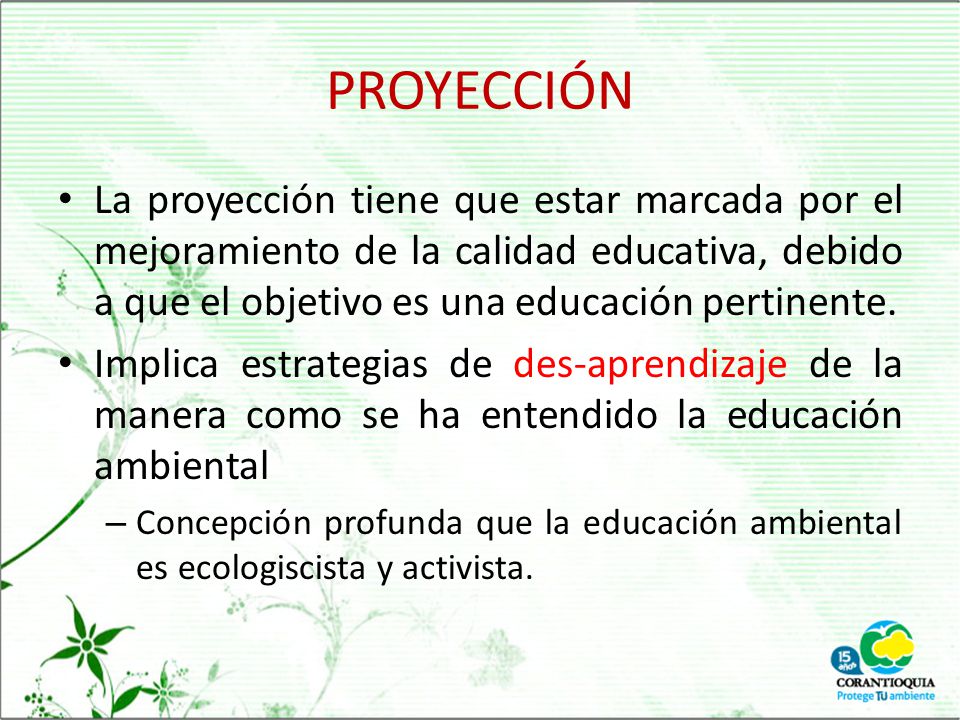 PROYECCIÓN La proyección tiene que estar marcada por el mejoramiento de la calidad educativa, debido a que el objetivo es una educación pertinente.