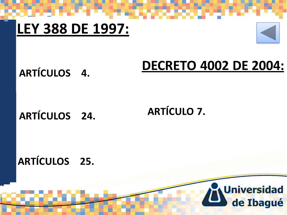 LEY 388 DE 1997: DECRETO 4002 DE 2004: ARTÍCULOS 4. ARTÍCULO 7.