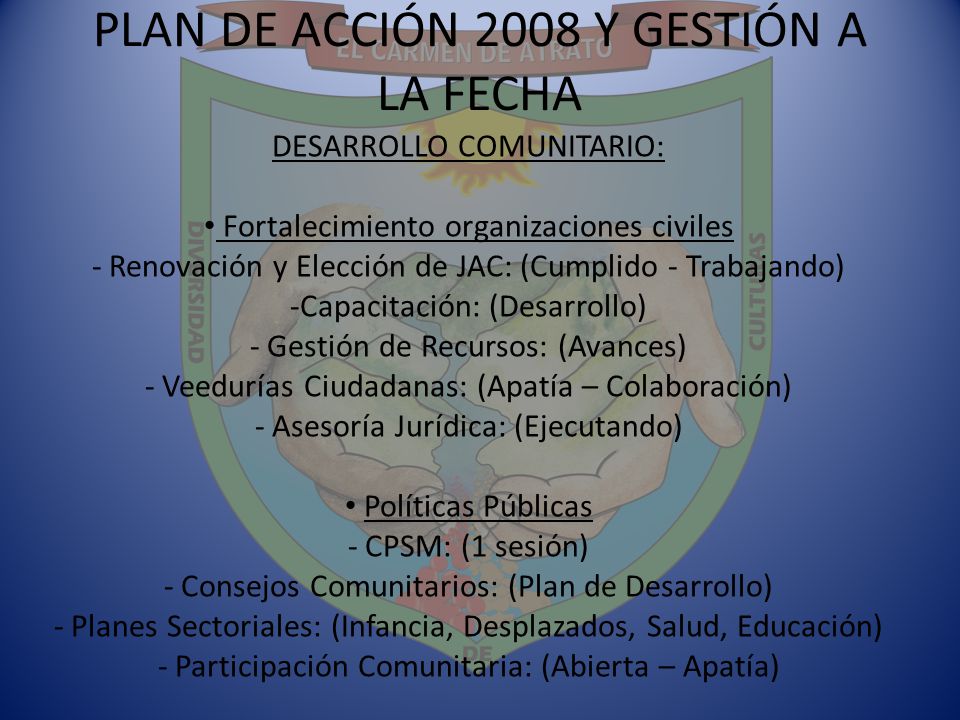 PLAN DE ACCIÓN 2008 Y GESTIÓN A LA FECHA