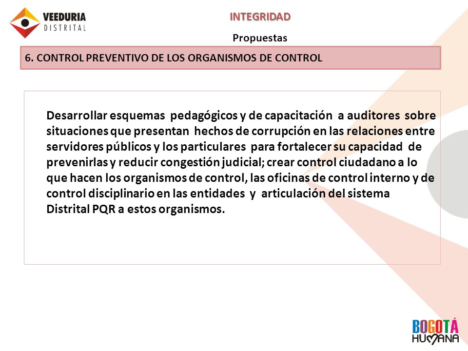 INTEGRIDAD Propuestas. 6. CONTROL PREVENTIVO DE LOS ORGANISMOS DE CONTROL.