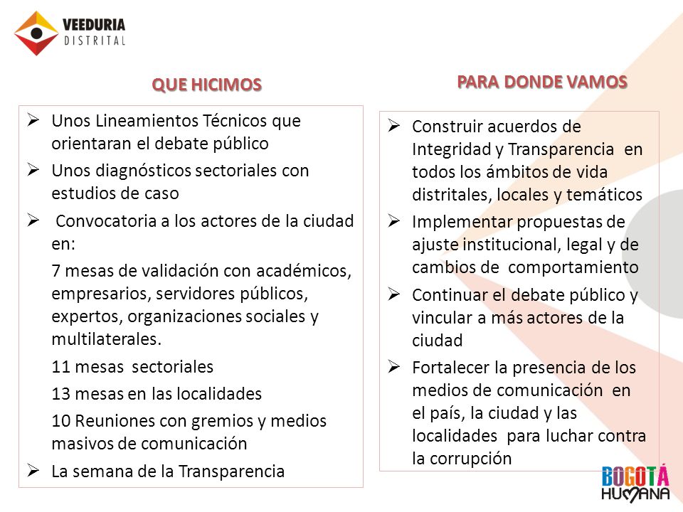 PARA DONDE VAMOS QUE HICIMOS. Unos Lineamientos Técnicos que orientaran el debate público. Unos diagnósticos sectoriales con estudios de caso.