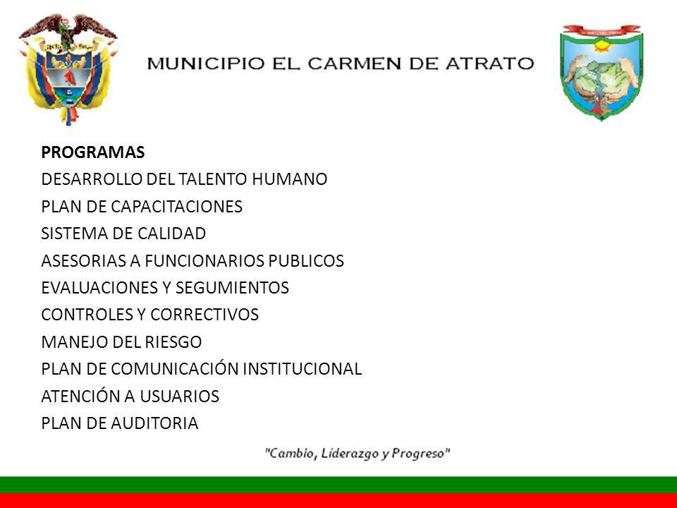 PROGRAMAS DESARROLLO DEL TALENTO HUMANO PLAN DE CAPACITACIONES SISTEMA DE CALIDAD ASESORIAS A FUNCIONARIOS PUBLICOS EVALUACIONES Y SEGUMIENTOS CONTROLES Y CORRECTIVOS MANEJO DEL RIESGO PLAN DE COMUNICACIÓN INSTITUCIONAL ATENCIÓN A USUARIOS PLAN DE AUDITORIA