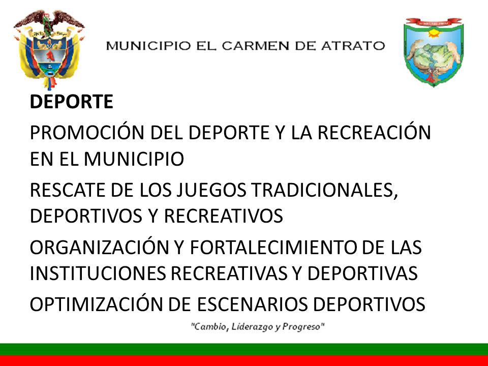 DEPORTE PROMOCIÓN DEL DEPORTE Y LA RECREACIÓN EN EL MUNICIPIO RESCATE DE LOS JUEGOS TRADICIONALES, DEPORTIVOS Y RECREATIVOS ORGANIZACIÓN Y FORTALECIMIENTO DE LAS INSTITUCIONES RECREATIVAS Y DEPORTIVAS OPTIMIZACIÓN DE ESCENARIOS DEPORTIVOS
