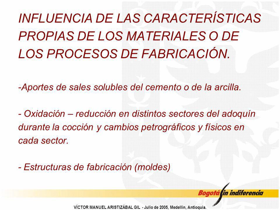 INFLUENCIA DE LAS CARACTERÍSTICAS PROPIAS DE LOS MATERIALES O DE LOS PROCESOS DE FABRICACIÓN. -Aportes de sales solubles del cemento o de la arcilla. - Oxidación – reducción en distintos sectores del adoquín durante la cocción y cambios petrográficos y físicos en cada sector. - Estructuras de fabricación (moldes)