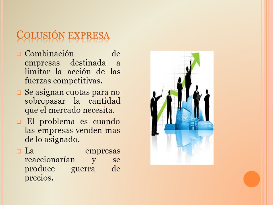 Colusión expresa Combinación de empresas destinada a limitar la acción de las fuerzas competitivas.