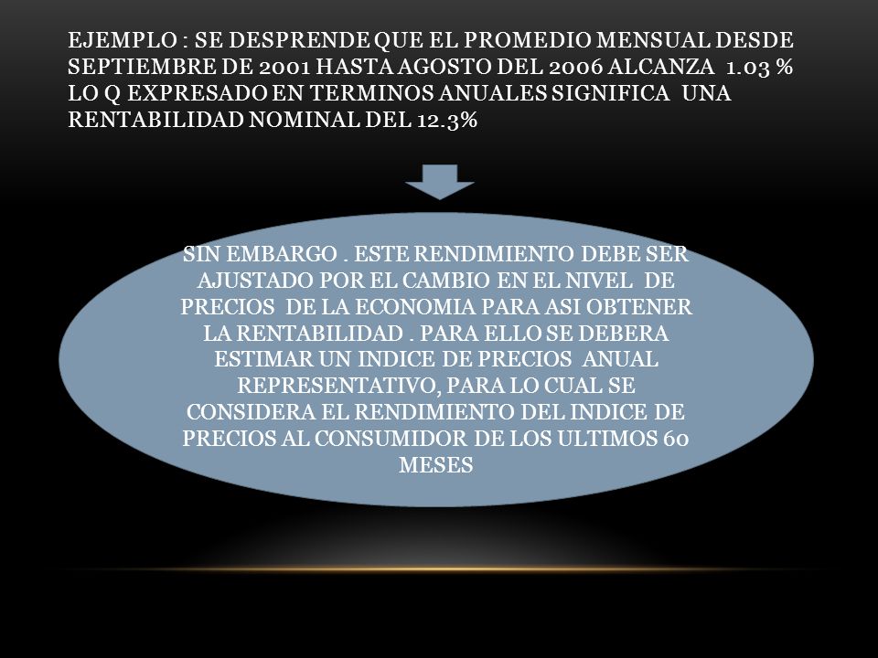 EJEMPLO : SE DESPRENDE QUE EL PROMEDIO MENSUAL DESDE SEPTIEMBRE DE 2001 HASTA AGOSTO DEL 2006 ALCANZA 1.03 % LO Q EXPRESADO EN TERMINOS ANUALES SIGNIFICA UNA RENTABILIDAD NOMINAL DEL 12.3%