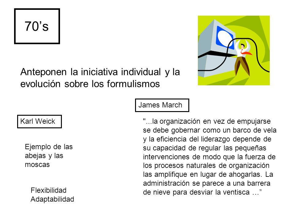 70’s Anteponen la iniciativa individual y la evolución sobre los formulismos. James March. Karl Weick.