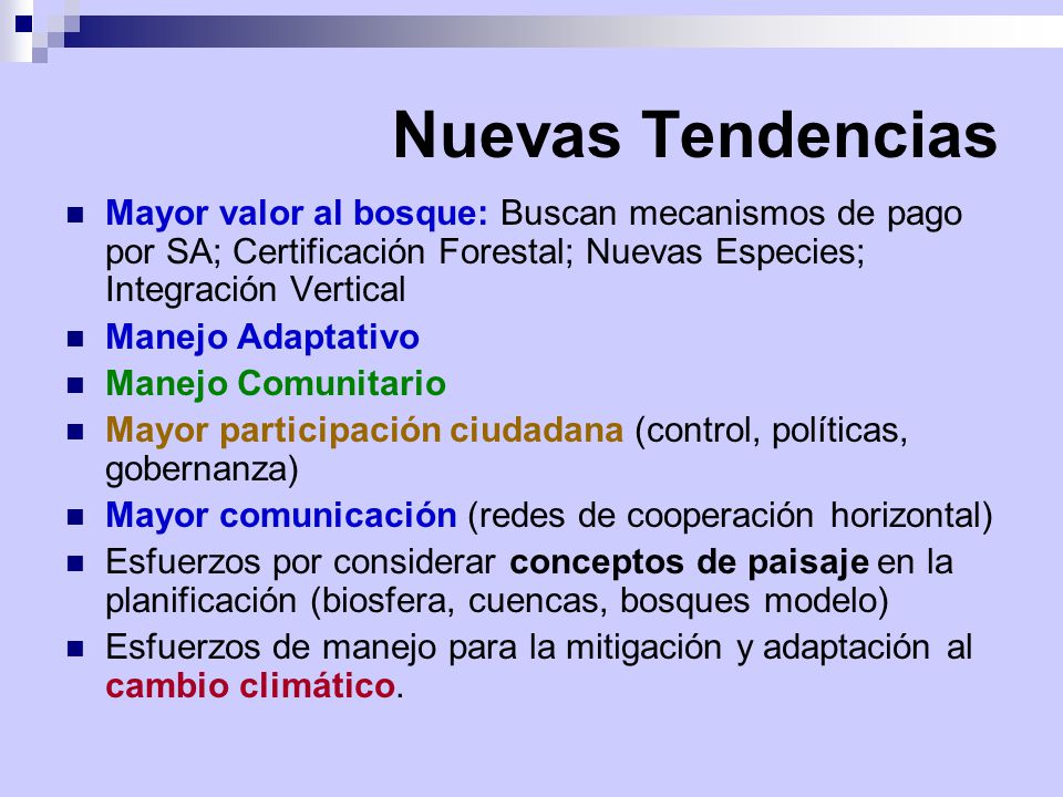 Nuevas Tendencias Mayor valor al bosque: Buscan mecanismos de pago por SA; Certificación Forestal; Nuevas Especies; Integración Vertical.