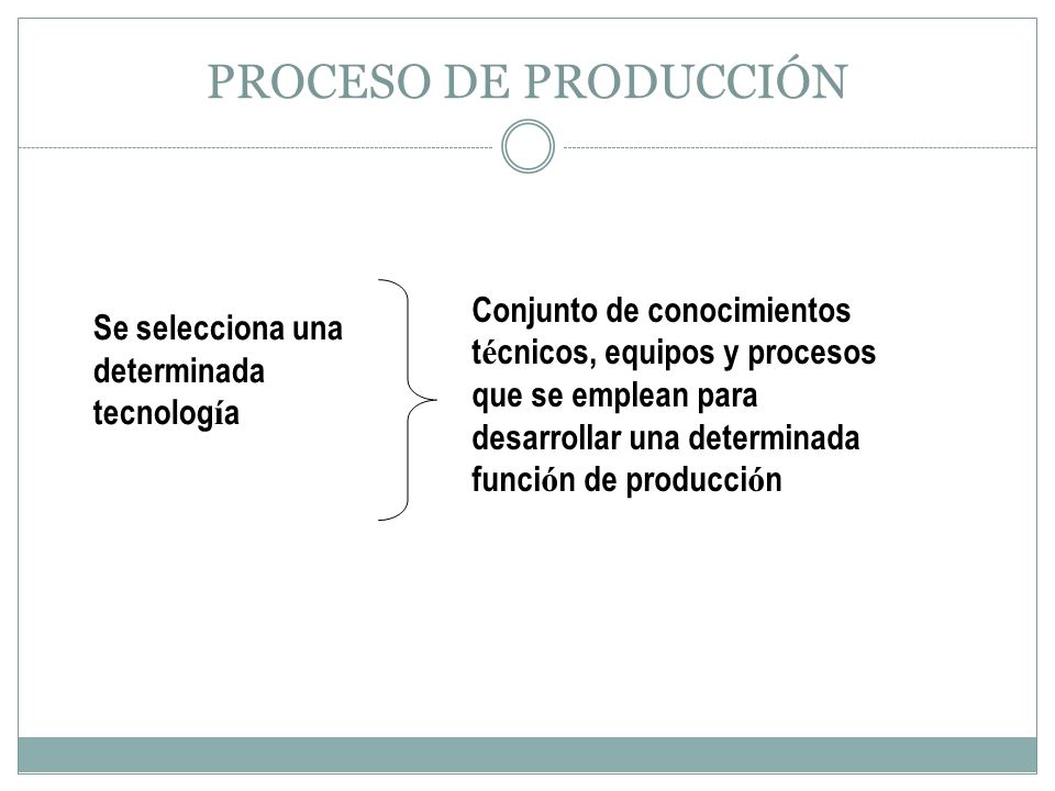 PROCESO DE PRODUCCIÓN Conjunto de conocimientos técnicos, equipos y procesos que se emplean para desarrollar una determinada función de producción.