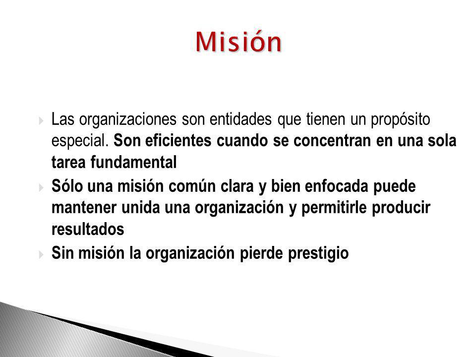 Misión Las organizaciones son entidades que tienen un propósito especial. Son eficientes cuando se concentran en una sola tarea fundamental.