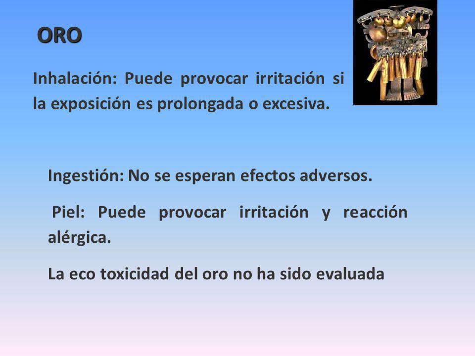 ORO Inhalación: Puede provocar irritación si la exposición es prolongada o excesiva. Ingestión: No se esperan efectos adversos.