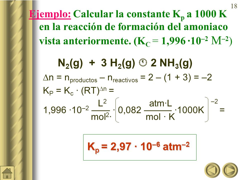 Ejemplo: Calcular la constante Kp a 1000 K en la reacción de formación del amoniaco vista anteriormente. (KC = 1,996 ·10–2 M–2)
