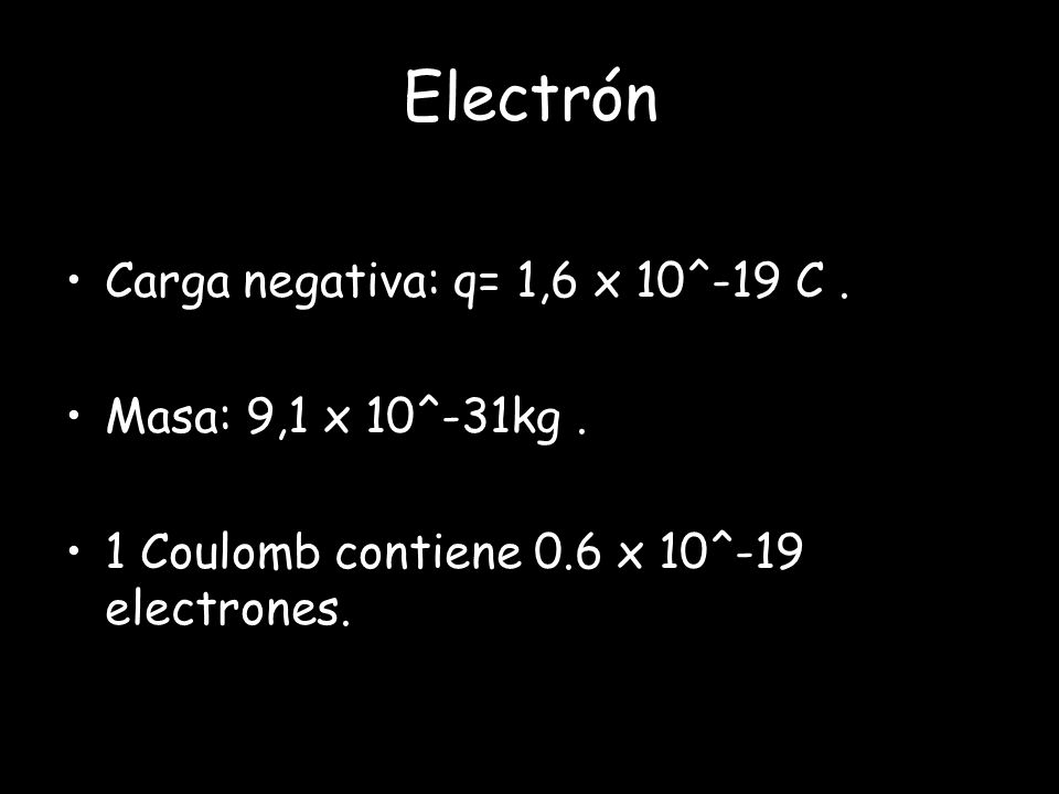 Electrón Carga negativa: q= 1,6 x 10^-19 C . Masa: 9,1 x 10^-31kg .