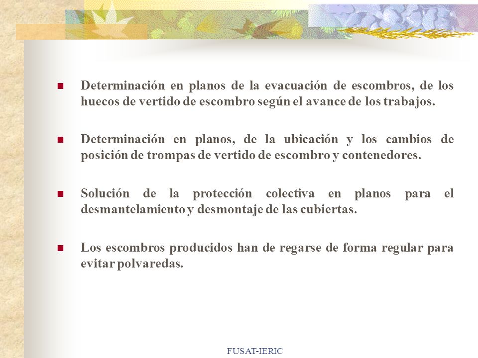 Determinación en planos de la evacuación de escombros, de los huecos de vertido de escombro según el avance de los trabajos.