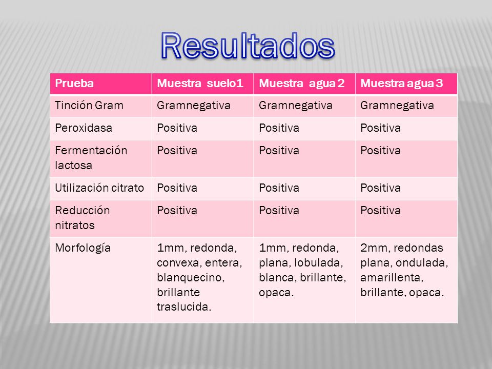 Resultados Prueba Muestra suelo1 Muestra agua 2 Muestra agua 3