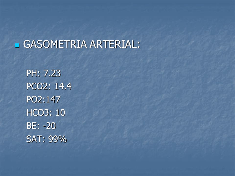 GASOMETRIA ARTERIAL: PH: 7.23 PCO2: 14.4 PO2:147 HCO3: 10 BE: -20