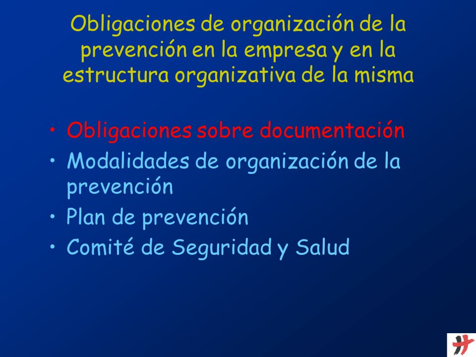Obligaciones de organización de la prevención en la empresa y en la estructura organizativa de la misma