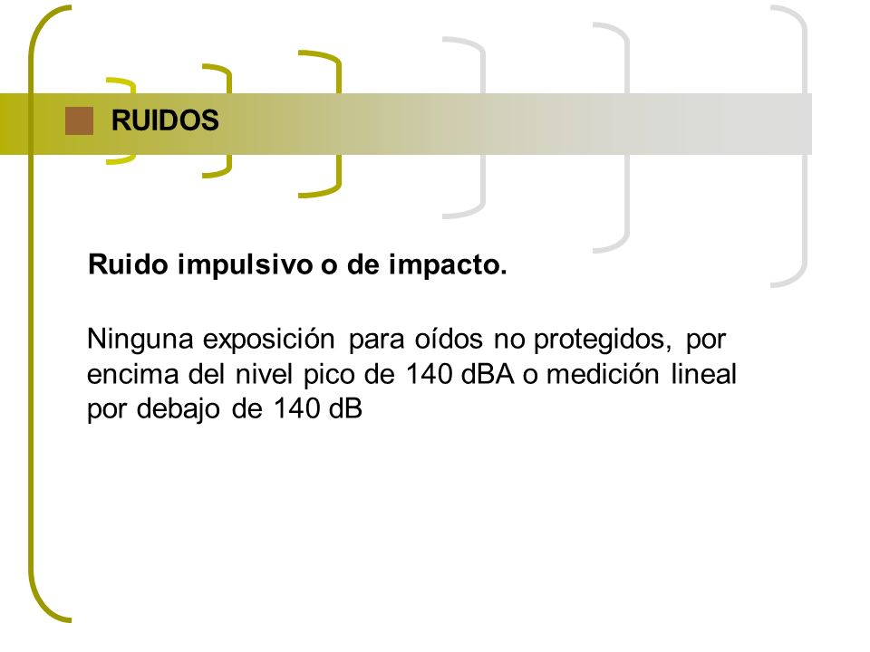 RUIDOS Ruido impulsivo o de impacto. Ninguna exposición para oídos no protegidos, por. encima del nivel pico de 140 dBA o medición lineal.