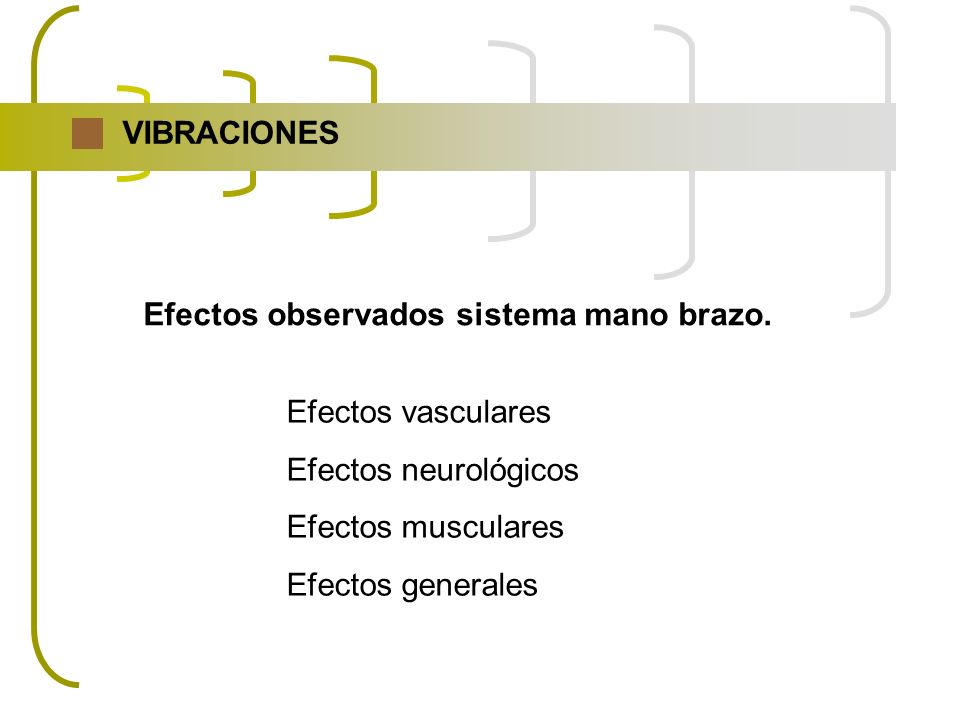 VIBRACIONES Efectos observados sistema mano brazo. Efectos vasculares. Efectos neurológicos. Efectos musculares.