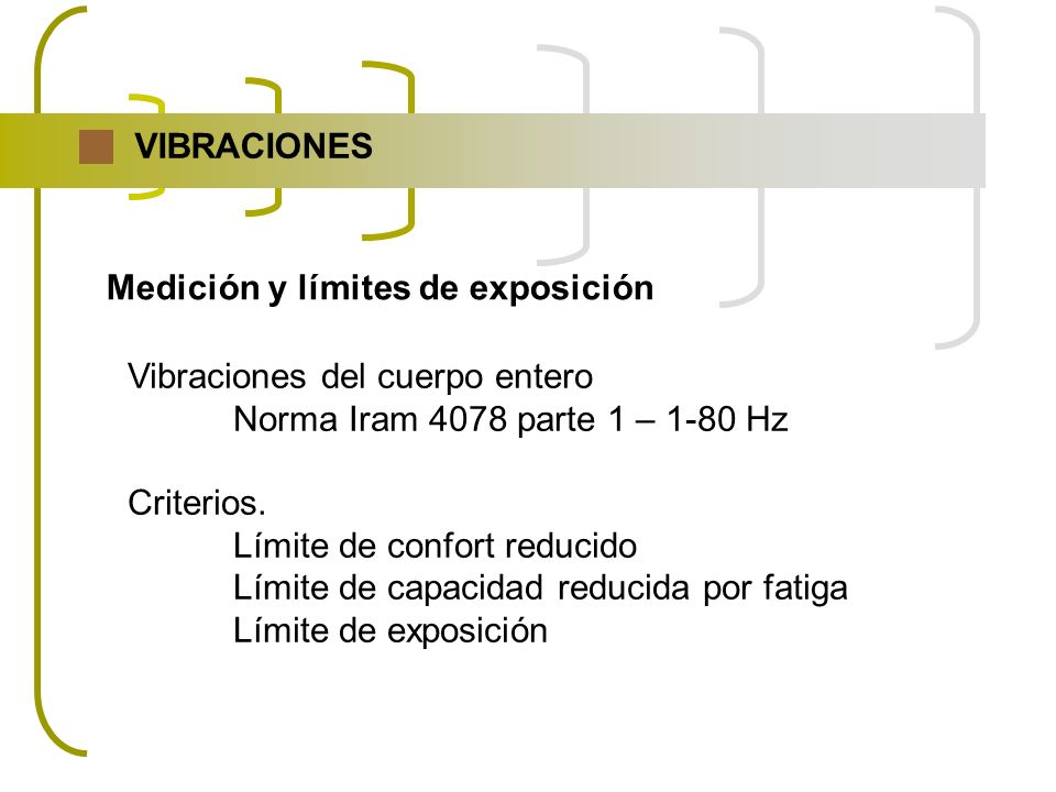 VIBRACIONES Medición y límites de exposición. Vibraciones del cuerpo entero. Norma Iram 4078 parte 1 – 1-80 Hz.