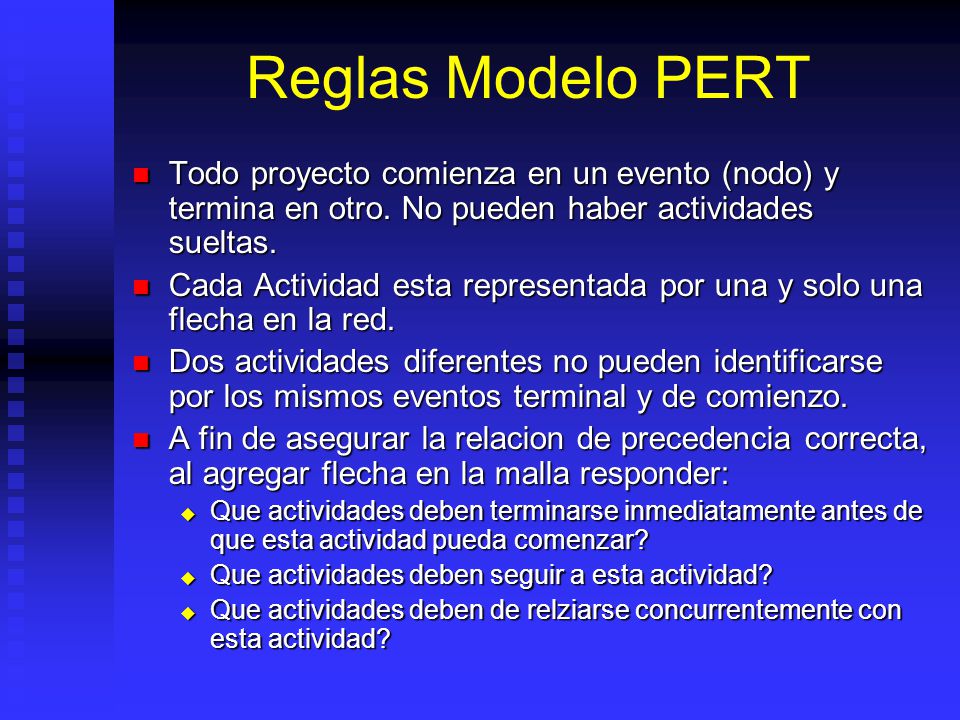 Reglas Modelo PERT Todo proyecto comienza en un evento (nodo) y termina en otro. No pueden haber actividades sueltas.