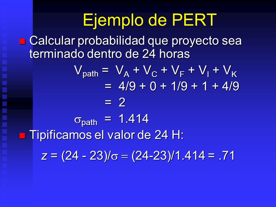 Ejemplo de PERT Calcular probabilidad que proyecto sea terminado dentro de 24 horas. Vpath = VA + VC + VF + VI + VK.