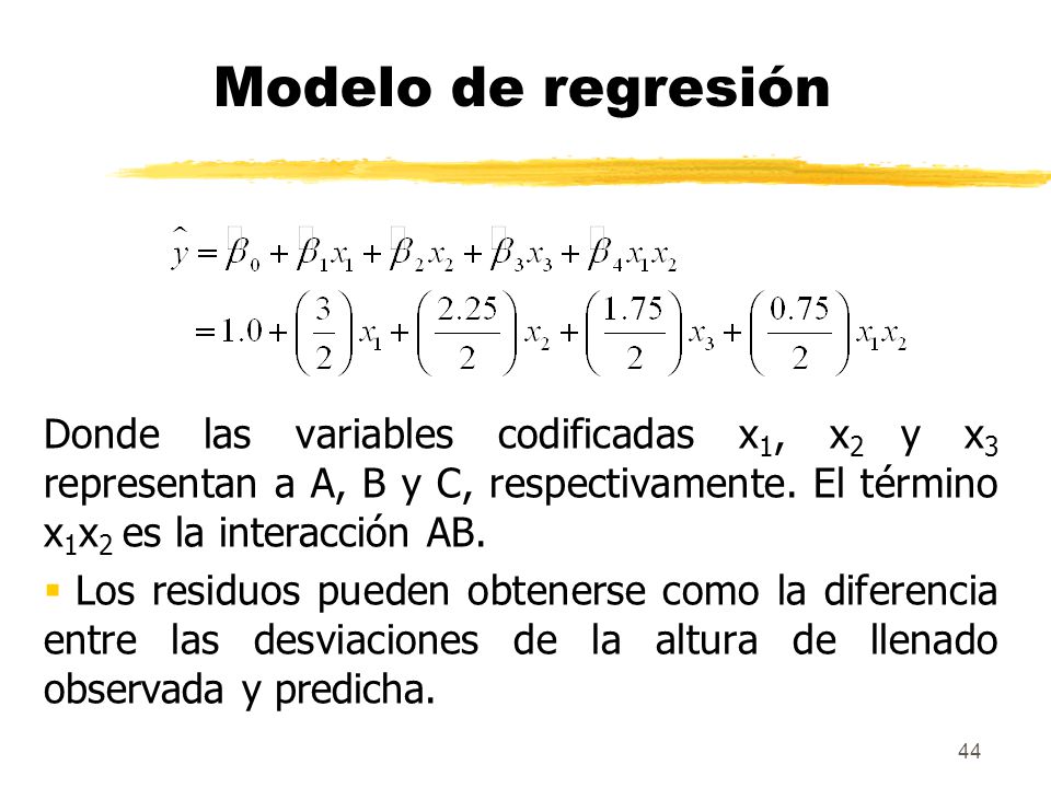Modelo de regresión Donde las variables codificadas x1, x2 y x3 representan a A, B y C, respectivamente. El término x1x2 es la interacción AB.
