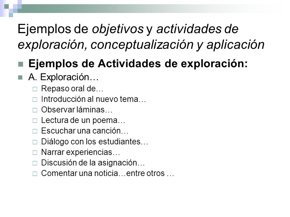 Ejemplos de objetivos y actividades de exploración, conceptualización y aplicación